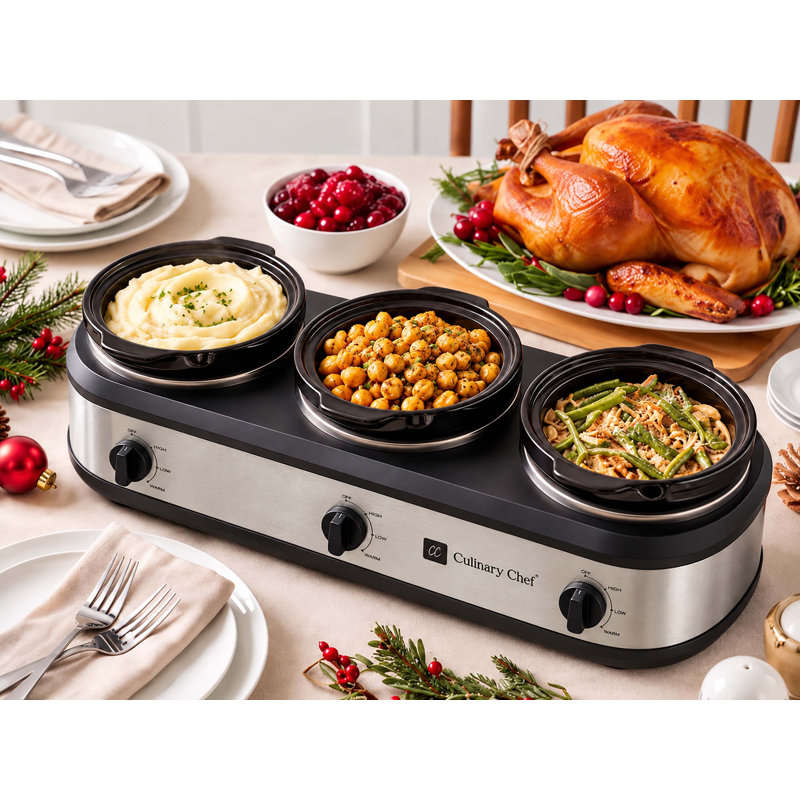 Culinary Chef 3 x 2.5 Qt. Triple Slow Cooker, Individual Temperature Controls, Tempered Glass Lids, Stainless Steel