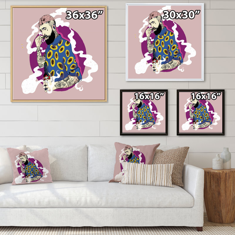 Hipster Man with Beard Smoke a Cigarette - impression sur toile, H 36 po x l 36 po x P 1 po, Cadre flottant blanc