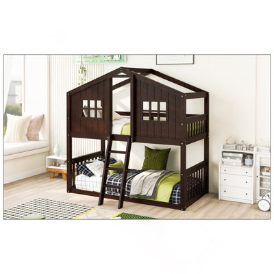 Lit superposé simple au-dessus de simple avec échelle, lit en bois - espresso
