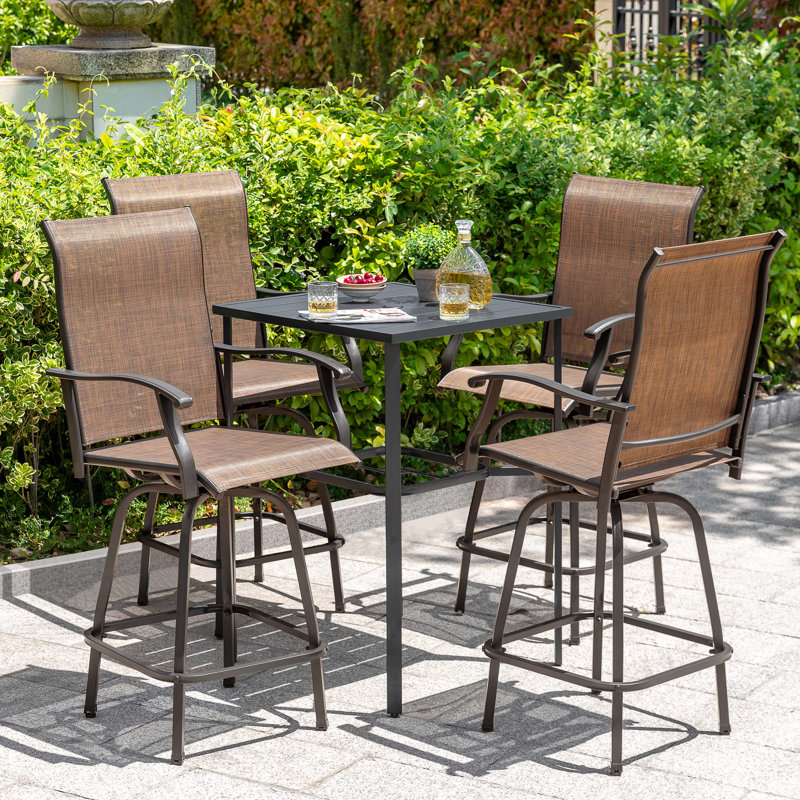 Outdoor 5-Piece PVC-coated polyester Bar Set, Swivel Bar Stools and Umbrella Hole