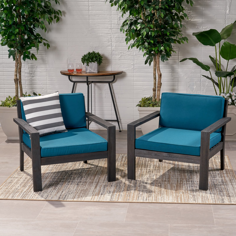 Aylie Acacia Outdoor Lounge Chair, Teal Cushion/Light Brown Frame, Dark Gray Cushion/Light Gray Frame