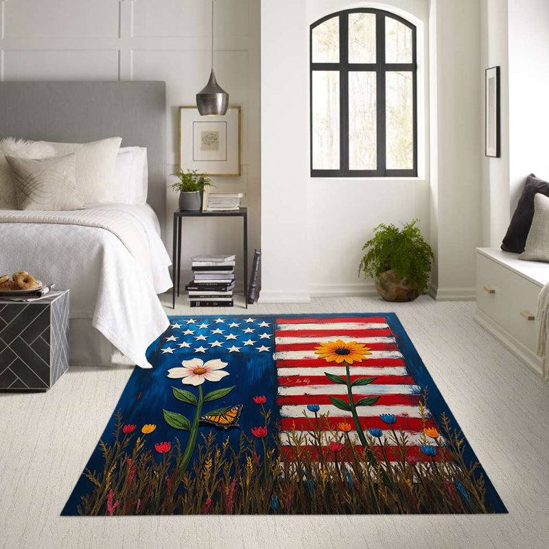Tapis drapeau américain avec fleurs, Rectangle 5 pi x 7 pi