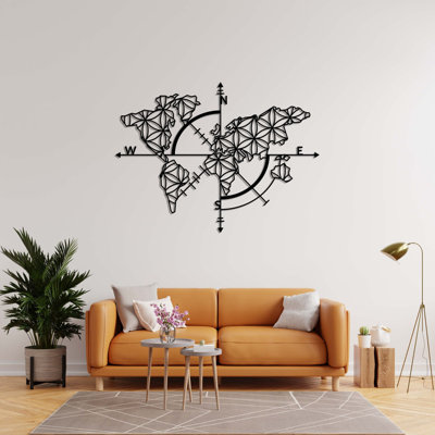 Compass Geometric World Map Metal Wall Art; 3D Shadow, Indoor & Outdoor