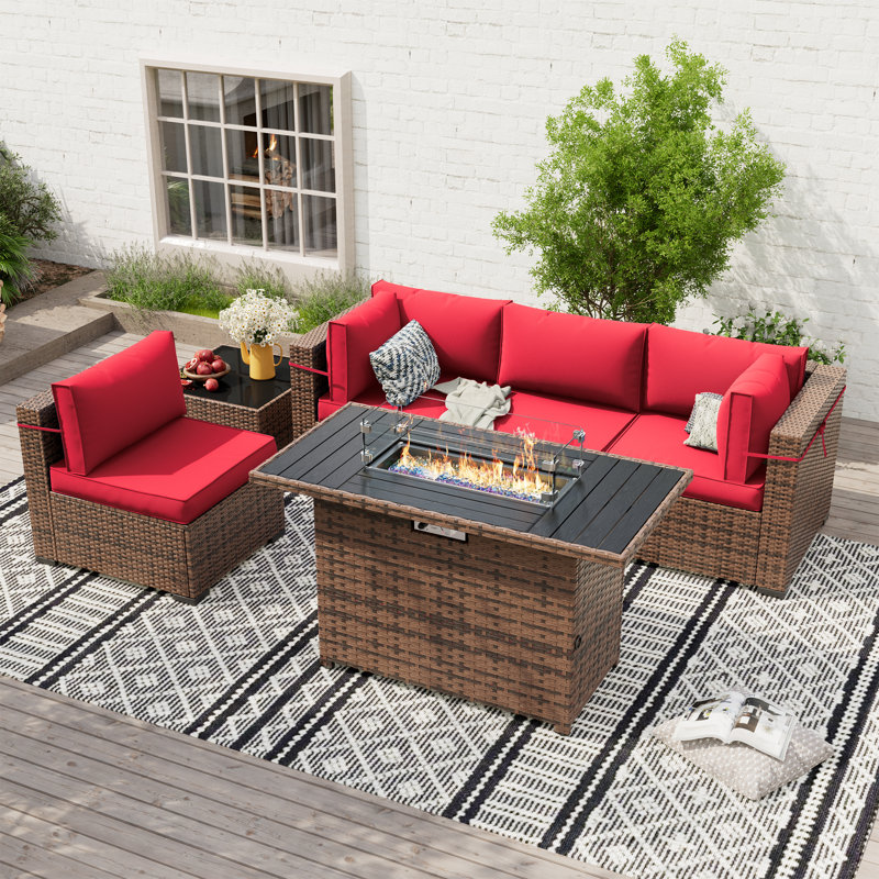 Ensemble de conversation modulaire en rotin Babak avec foyer et table basse, 4, Rouge