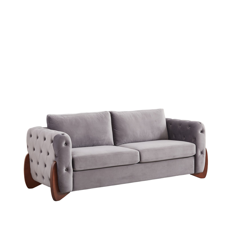 Canapé classique en velours capitonné, pieds en bois courbés, 2 pièces, Gris