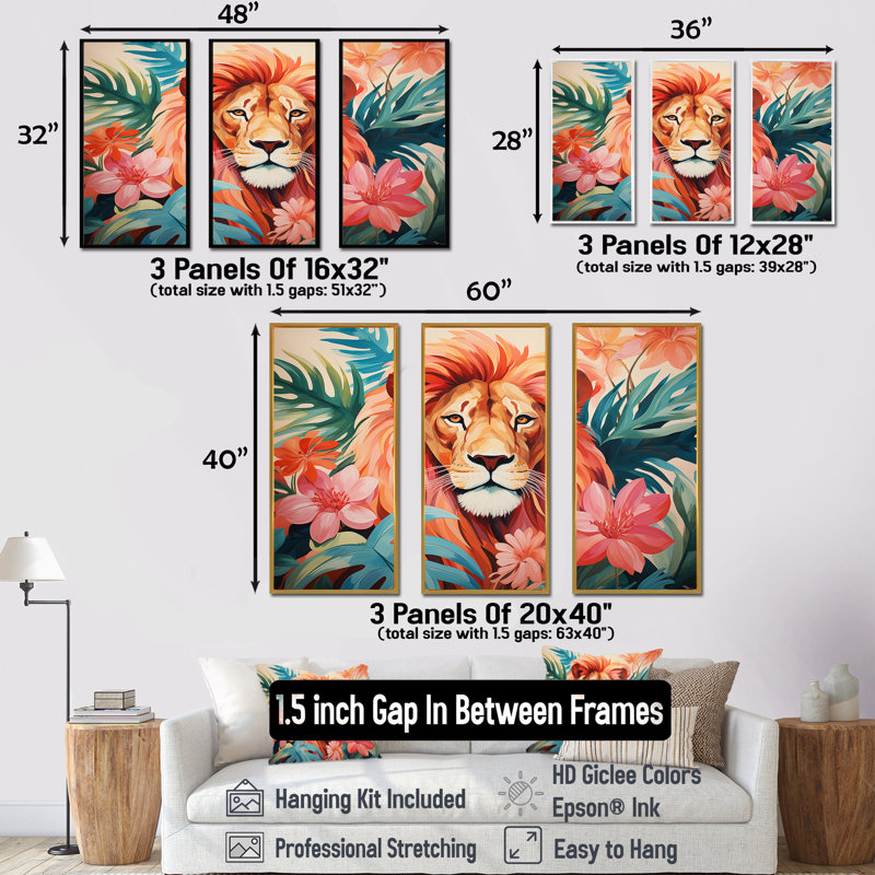 Décoration murale lion rose et vert en forêt II - Lion, Cadre flottant doré, H 32 po x l 48 po