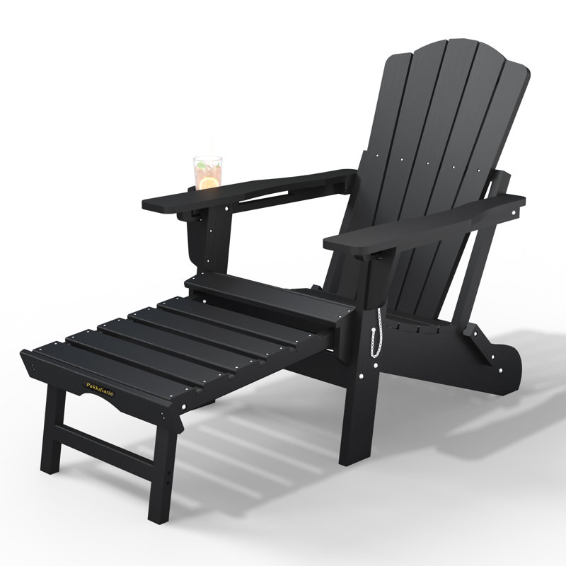 Pakkdiarie Folding Adirondack Chair with Retractable Ottoman, Outdoor HDPE Reclining Adirondack Chair with Cup Holder for Patios,Lawn,Backyard