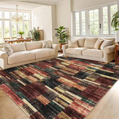 8x10 Washable Geometric Patchwork Rug, Non-Slip, Low Pile, Modern Farmhouse Carpet for Bedroom or Dining Room, Red
