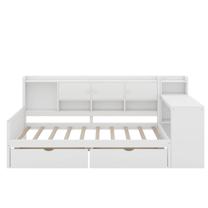 Twin Size Wooden L-Shape Daybed With Cabinets And Two Storage Drawers, Multi-Functional Bed With Study Desk And Built-In Bookshelf