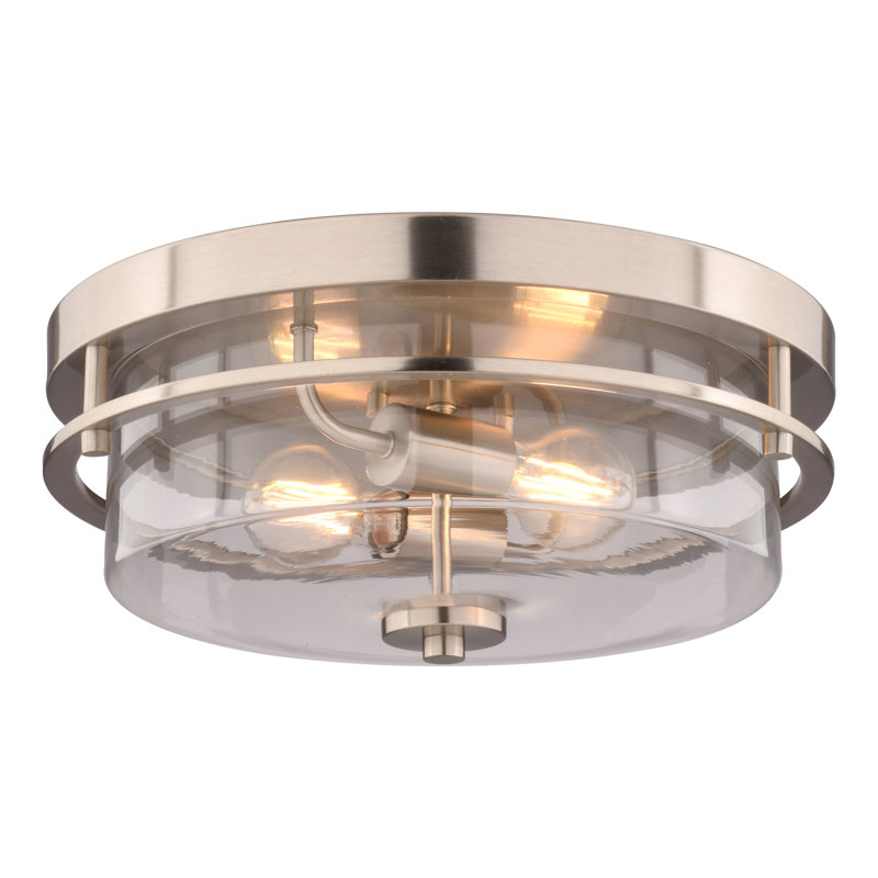 Plafonnier encastré 2 lumières Grace, finition nickel satiné, conception ronde, verre transparent, 14,75 po de largeur, compatible avec les DEL