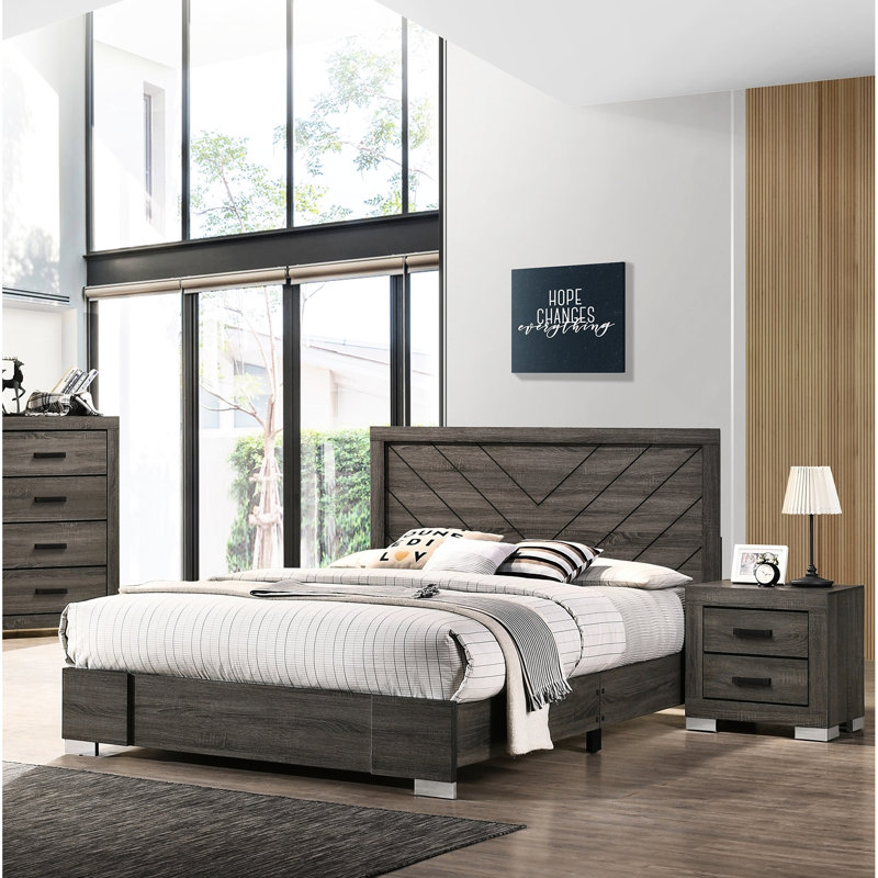 Grand lit gris de style contemporain, tête de lit chic avec lignes épurées, mobilier de chambre à coucher, conception en bois massif sans sommier, nécessaire