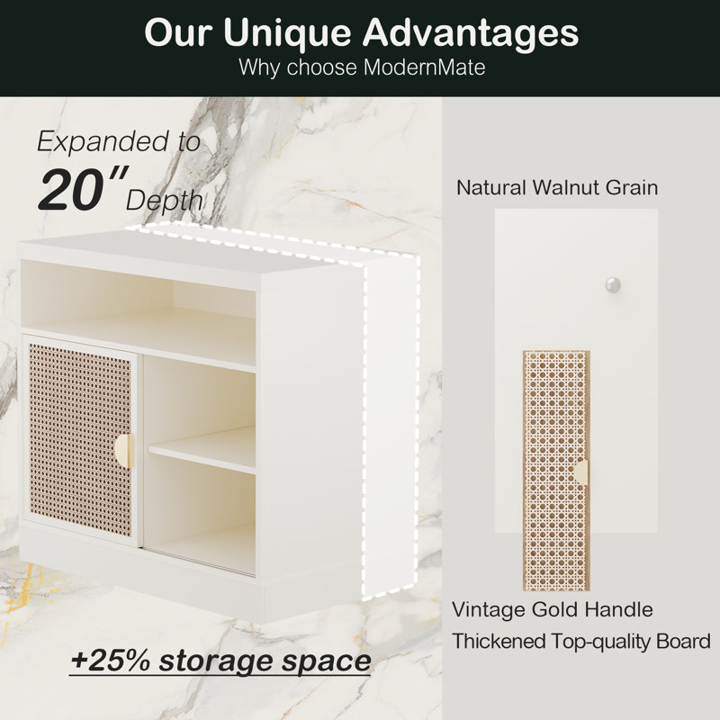 Adonia 31.5"W Wood Storage Cabinet With Door For Home Office With Adjustable Open Storage Shelves, White Rattan, White Rattan