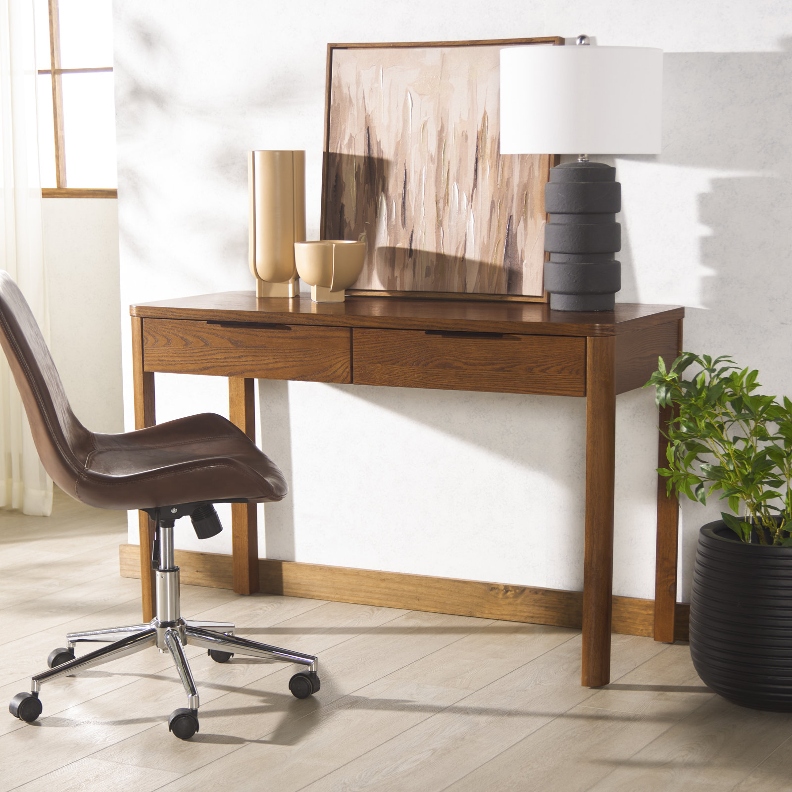 Tahani 2 Drawer Wood Desk, Medium Oak