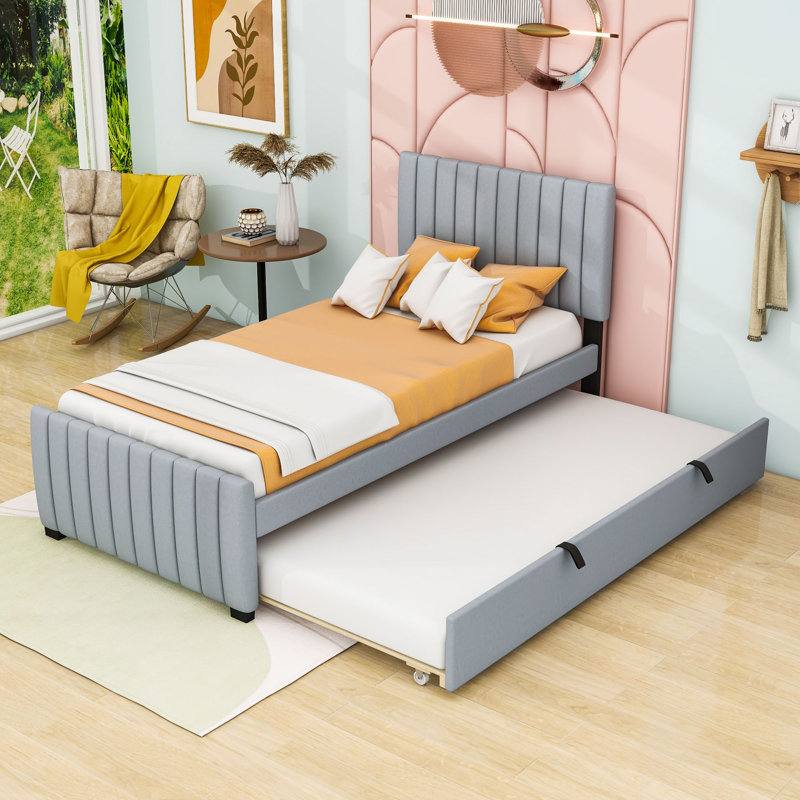 Twin Upholstered Platform Bed with Trundle, Gray