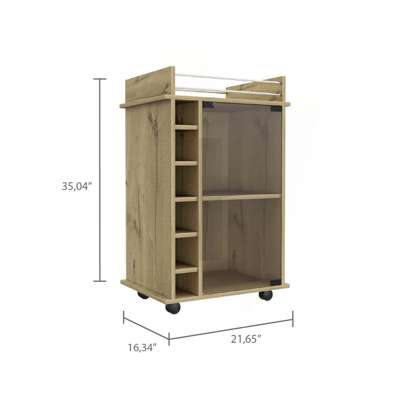 Dukat Bar Cart,Two Shelves, Six Built-In Wine Rack, Four Casters, Light Oak