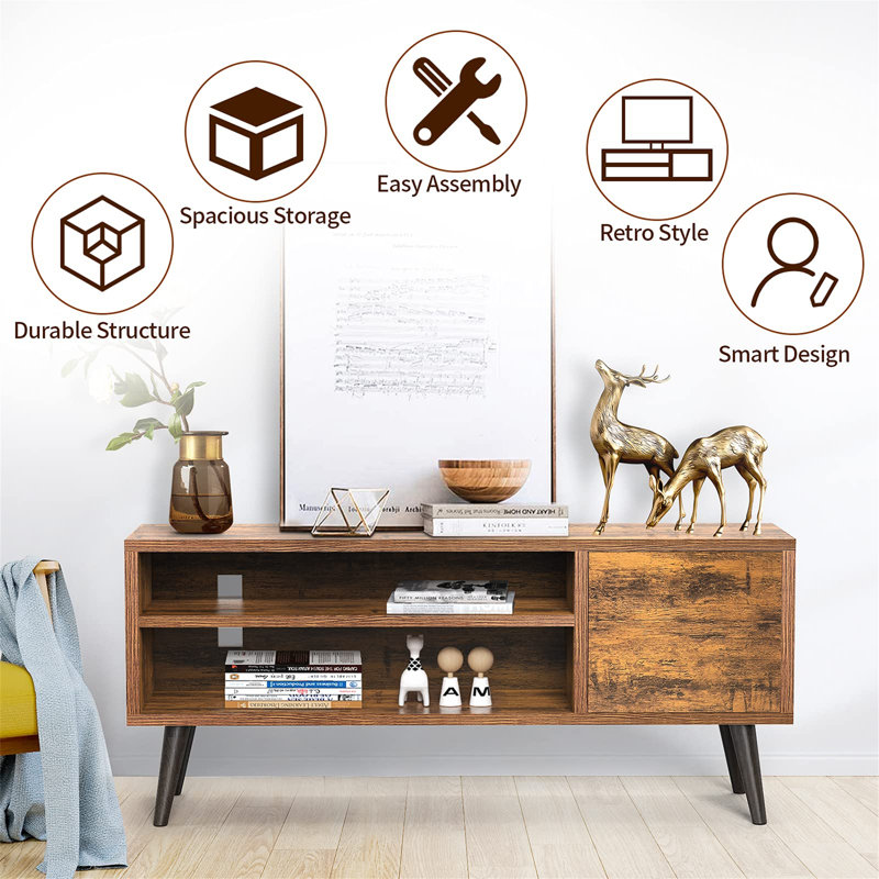 Riley-James 47.24" Mid-Century Modern TV Stand for TVs up to 55", Entertainment Console with Open Shelf and Storage, Brown