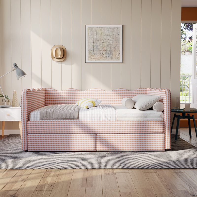 Gingham Daybed With 2 Storage Drawers And Usb Port, Wave-shaped Design, Full, Pink