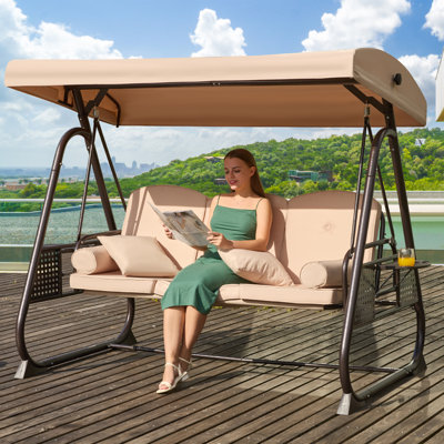 Arlmont & Co. 3-Seat Patio Porch Swing With Adjustable Canopy - Outdoor Swing Featuring Three-Position Backrest, Large Convertible 3-In-1 Swing Bed, T -  918F9C7633D047C78C8470DD37720ED4