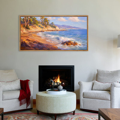 «Pastel Coastal Beach at Sunset», reproduction d'art sur toile encadrée, paysage panoramique pour le salon, la chambre à coucher et le bureau