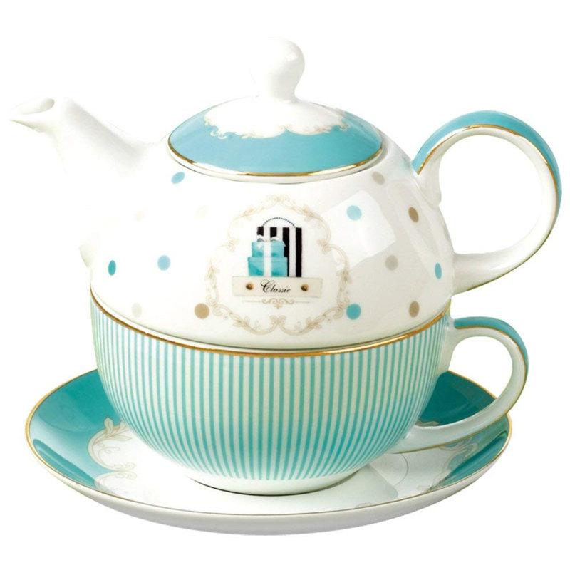 Bone China Blue Teapot And Server Set For One, Teapot Cup And Saucer Set