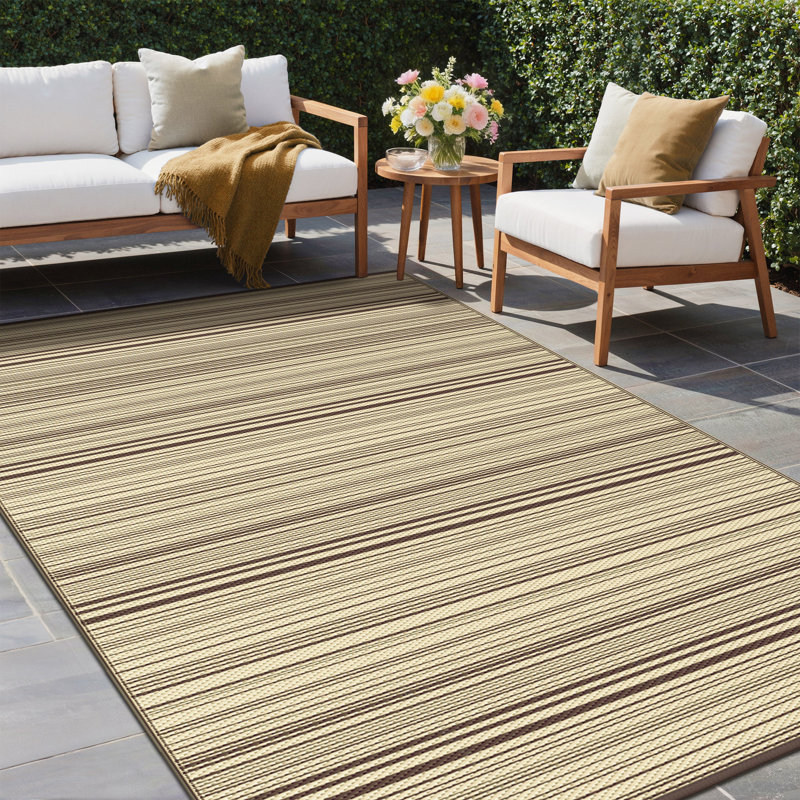 Shimeek Striped Outdoor Area Rug, Waterproof Plastic Outdoor Mat, Coffee&Beige,Rectangle 5' x 8', Rectangle 5' x 8'