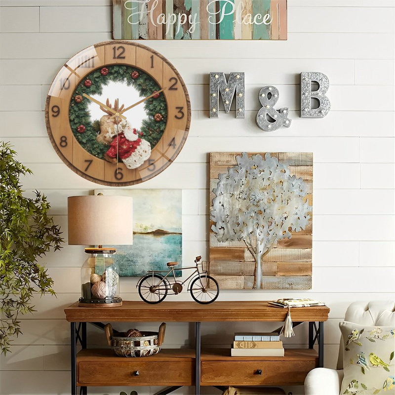 Horloge murale de Noël-Horloge-Père Noël-renne-Couronne