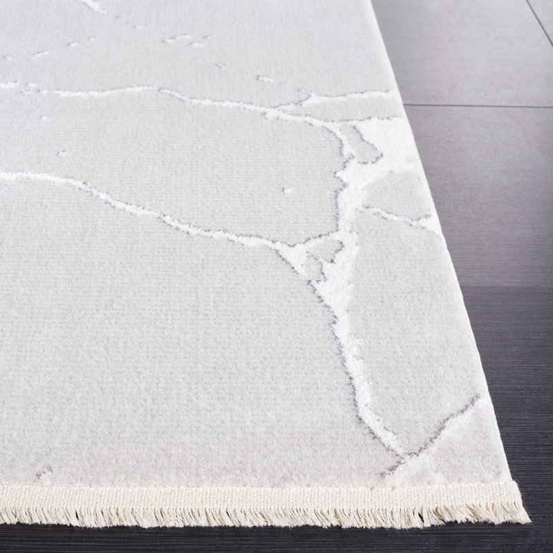 Tapis gris / ivoire en polypropylène tissé à la machine Datid, Rectangle 6 pi 7 po x 8 pi 7 po
