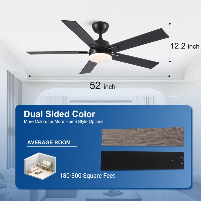 Stylish 52" Indoor Matte Black Downrod Mount Ceiling Fan With LED Light,Reversible Motor and Remote Control, Matte Black