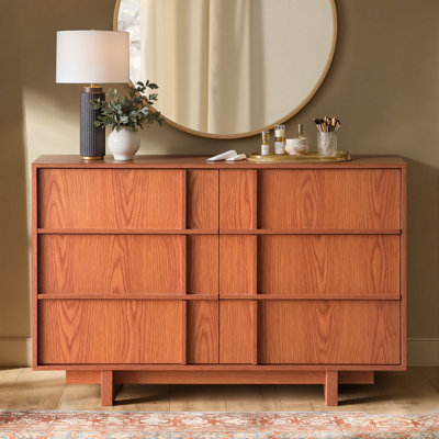 6 Drawer Dresser, Mid Century Modern Dresser With Storage, 47" Wide Chest Of Drawers With Skeleton Line & Wood Grain Texture, Minimalist Dresser Tv Stand For Bedroom, Living Room, Cherry