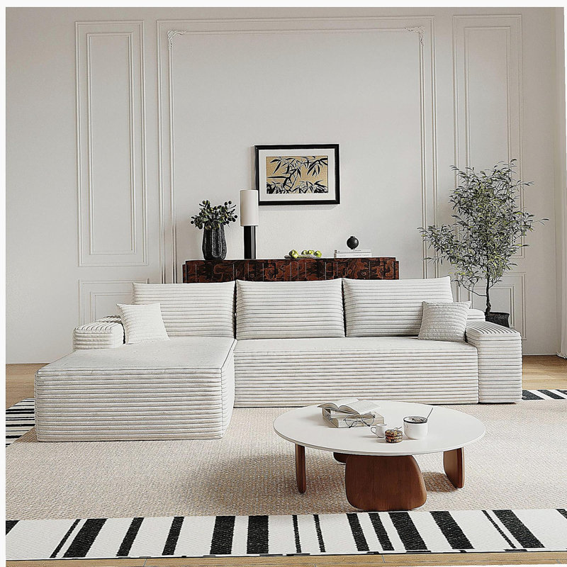 Canapé modulaire 107 po avec méridienne en L 107 po, canapé modulaire moderne avec assise profonde, canapé rembourré pour la chambre à coucher du salon, aucun assemblage requis, (tissu en velours côtelé moelleux), blanc