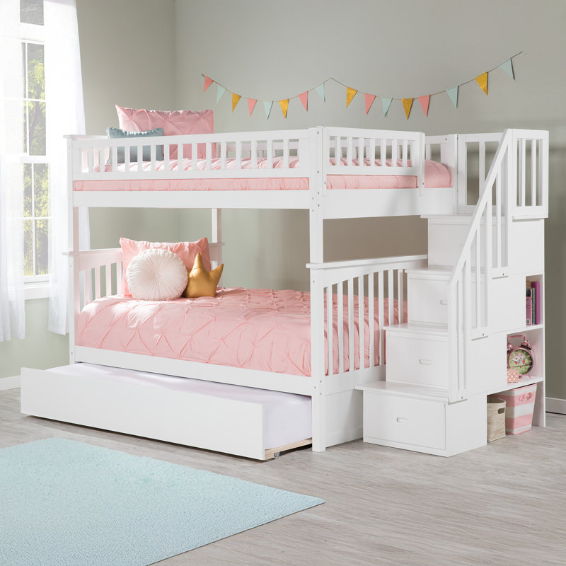 Blaisdell Solid Wood Storage Staircase Bunk Bed with Roll Out Trundle, White, Full over Full