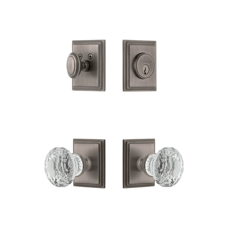 Carre Square Rosette Complete Entry Set with Single Cylinder Deadbolt and Brilliant Crystal Knob, 2.375", Antique Pewter