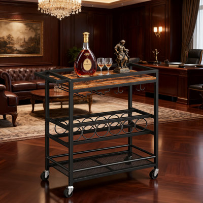 3-Tier Rolling Bar Cart With Wine Rack And Glass Holders, Mobile Serving Cart With Lockable Wheels For Living Room, Dining Room, And Kitchen Storage by 17 Stories