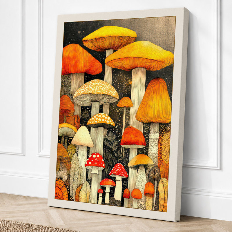 Mushroom Study Botanical 1 Piece Wrapped Canvas Wall Art, 30x20 - 76.2 x 50.8 cm, Cream Border