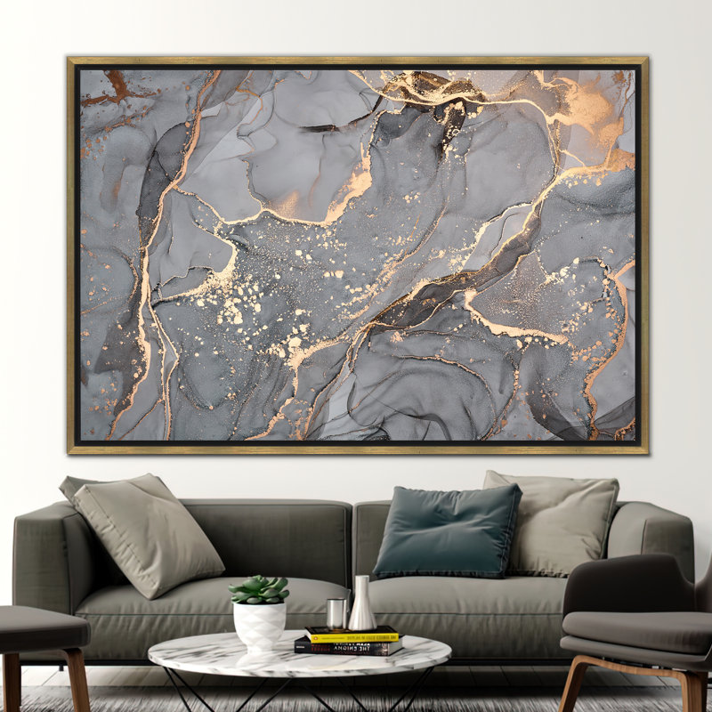 Modern Abstract Art Canvas - Luxury Marble Print Alcohol Ink Poster, 70 cm H x 100 cm W, Gold Floater Framed