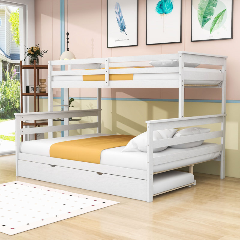 Twin XL over Queen Wood Bunk Bed with Twin Trundle and Ladder, White