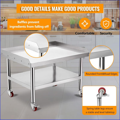 Equipment Grill Stand Table With 4 Wheels | Stainless Steel 36"x28"x24" | 1000 Lbs Top Shelf, 220 Lbs Bottom Shelf | Adjustable Legs With 2" Edge Baffle | Ideal For Commercial Kitchens, Hotels, And Homes