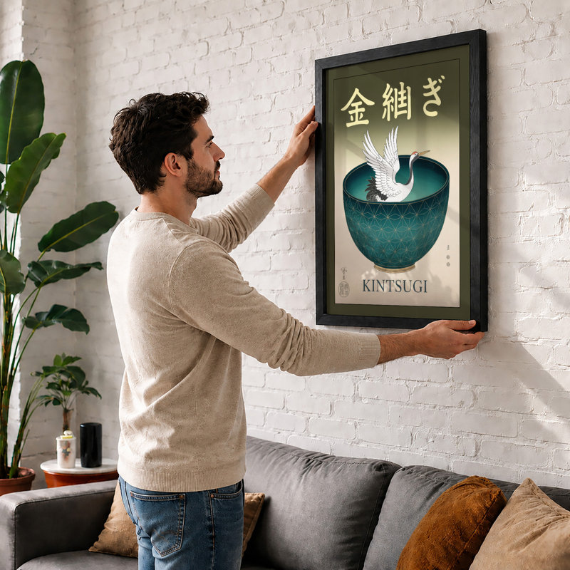 Crane Over Kintsugi Japandi - Framed Print, A2 - 59.4 x 42.0 cm, Walnut