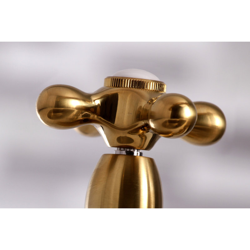 Kingston Brass Restoration Two-Handle 4-Hole Deck Mount Bridge Kitchen Faucet with Brass Side Sprayer, Brushed Brass