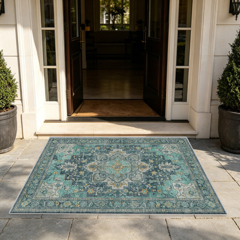 Teal Yellow Traditional Vintage   area rugs for Living Room, Soft and Comfortable, Suitable for all seasons, easy to maintain, machine washable Indoor floor mat, Under Table Farmhouse suitable for Bedroom, Dining Room, Study,  Balcony, Home Decor Patio