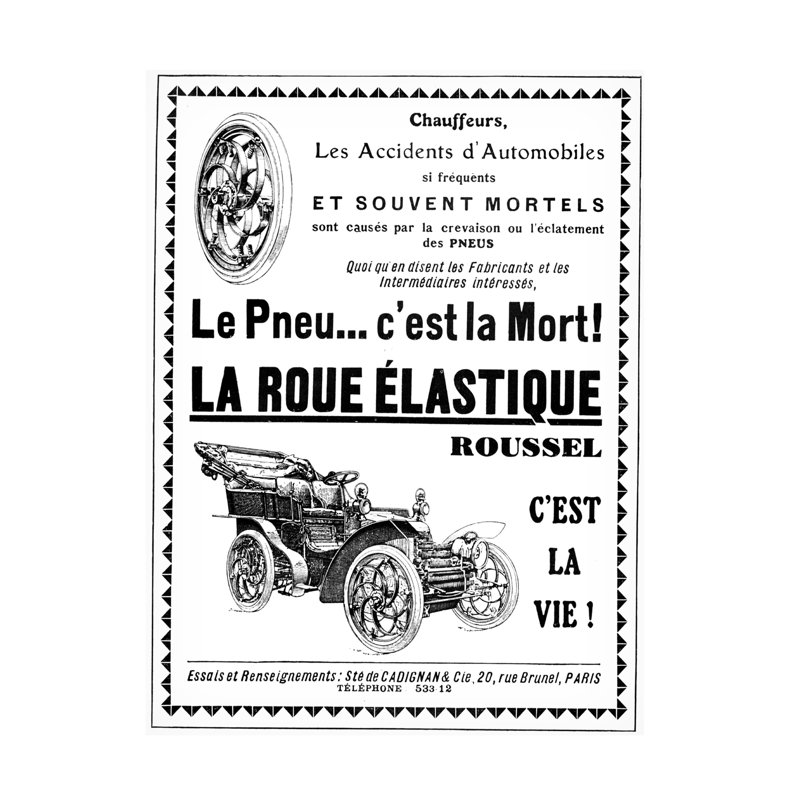 «Inconnu», publicité d'artiste sur roues de voiture élastique, 1904, art sur toile, H 19 po x l 14 po