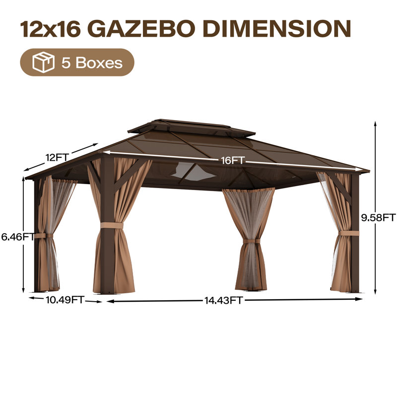 Pavillon de jardin rigide avec toit double en polycarbonate - Pavillon en métal robuste avec filet et rideaux, brun