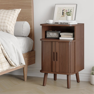 Mid Century Modern Nightstand, Fluted End Table With Open Shelf and Storage Cabinet, Curved Round Edge Wood Bedside Table with Slide Doors