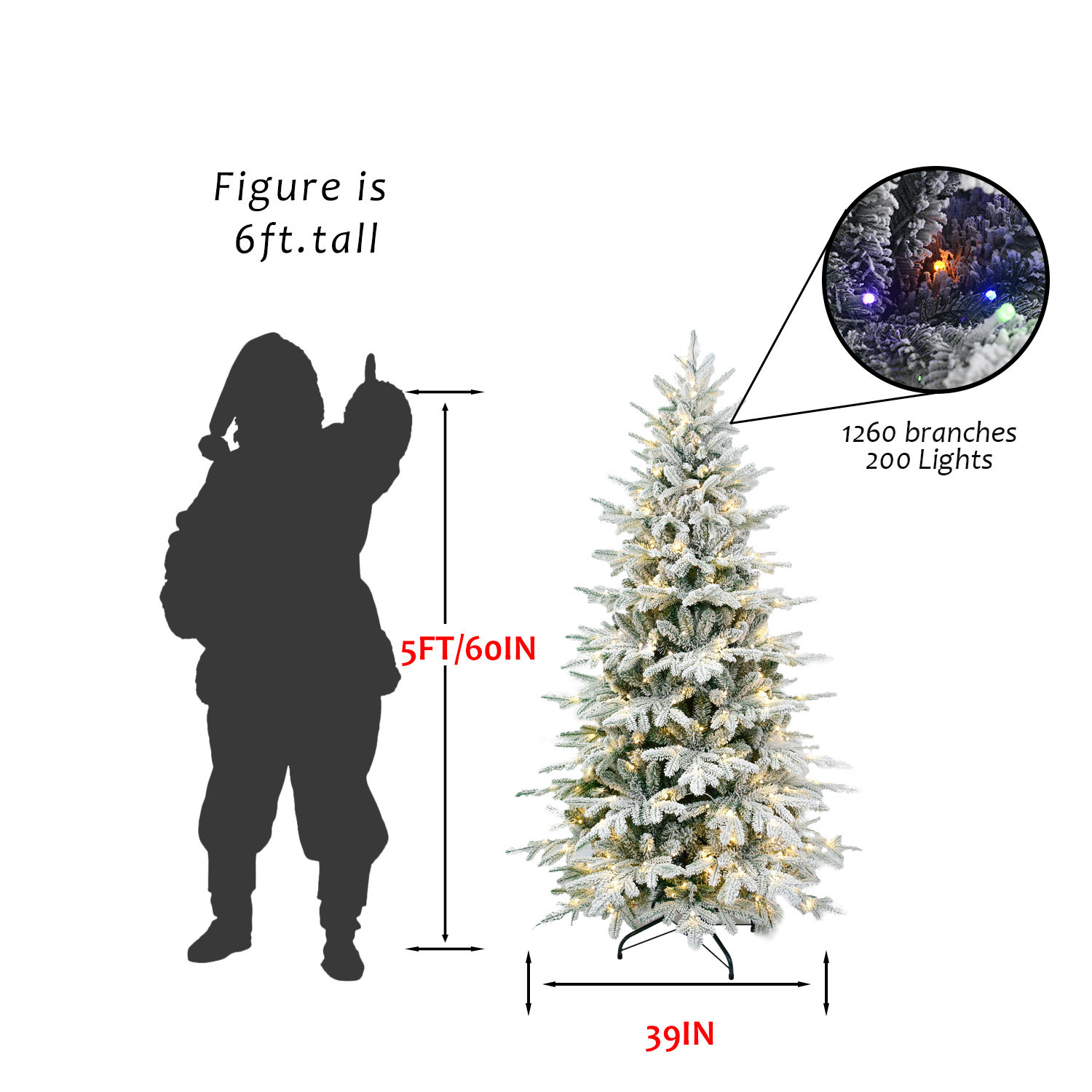 Two Lighting Colors Flocked Christmas Tree, PE & PVC Mixed Branch Tips, Foldable Metal Base, 5' H