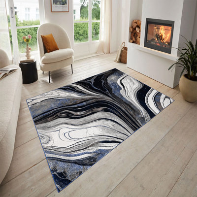 Modern Abstract Marble Area Rug – 100% Polyester Living Room Carpet, Antistatic, Soil & Water Repellent, Colourfast Indoor Rug