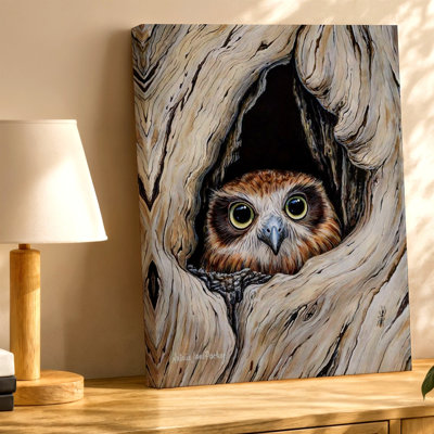 Hibou dans un arbre creux, portrait d'oiseau, nature rustique, reproduction d'art sur toile, œuvre d'art de la ferme rustique pour le salon, chambre, bureau, couloir, appartement, galerie, décoration murale