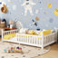 Lit simple à plancher bas avec lumière, clôture et toit pour enfants, blanc-839809101-839809100