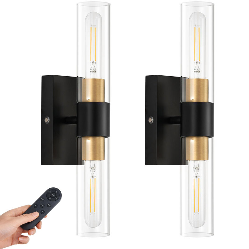 Ensemble de 2 appliques murales dorées à piles avec télécommande, 12 000 mAh rechargeables, lampes murales à intensité variable sans fil pour chambre à coucher, salon, salle de bain, couloir, entrée, escalier