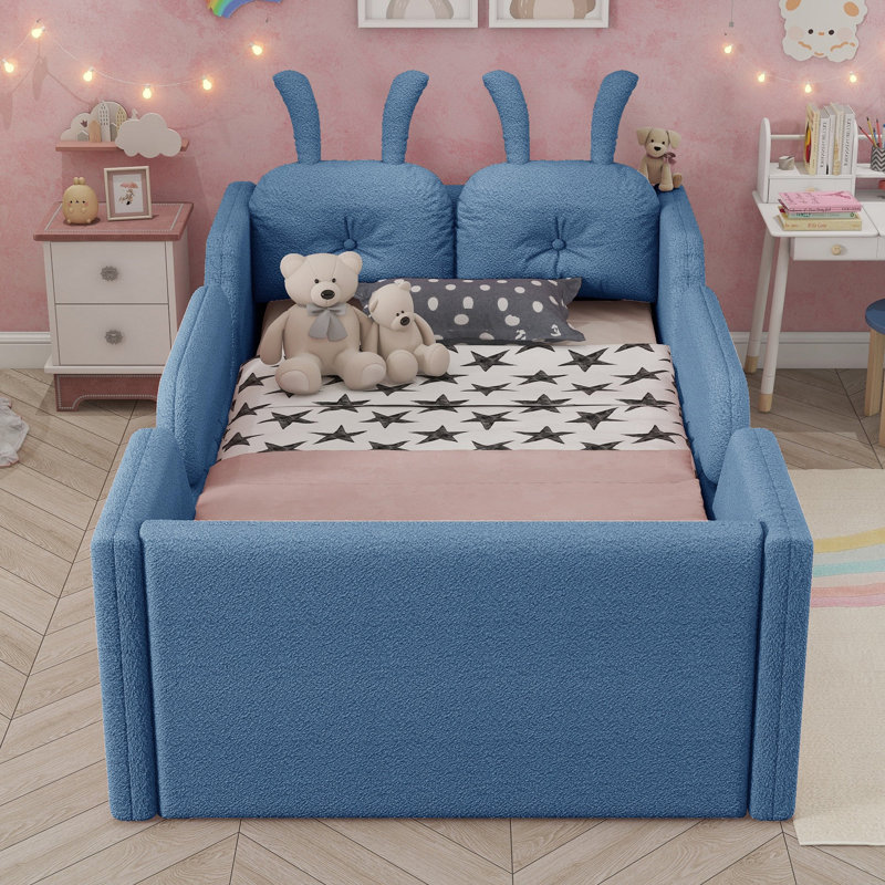 Lit plateforme tapissier simple avec coussin en lapin, lit pour enfants avec rails latéraux amovibles, bleu (date d’arrivée prévue le 2025/1/15)
