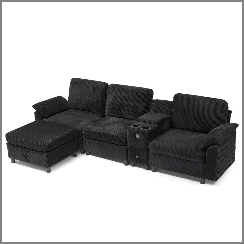 Canapé modulaire moderne en L avec rangement tout-en-un, poches d'accoudoirs de rangement latérales, console centrale avec porte-gobelet, repose-pieds avec rangement relevable, siège confortable à plusieurs places - noir